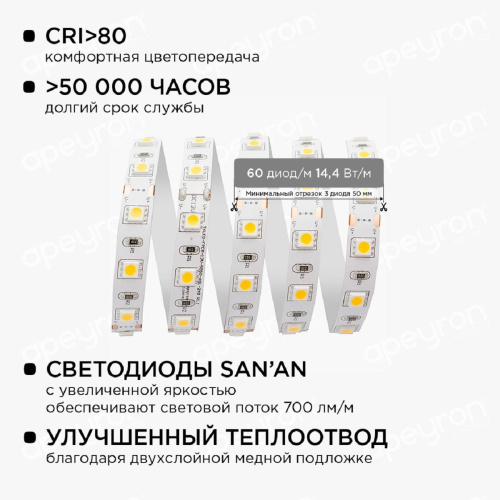 Светодиодная лента Apeyron 14,4W/m 60LED/m 5050SMD теплый белый 1M 10-68 Светодиодная лента Apeyron 14,4W/m 60LED/m 5050SMD теплый белый 1M 10-68