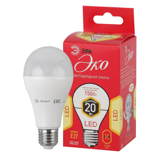 Лампа светодиодная ЭРА E27 20W 2700K матовая ECO LED A65-20W-827-E27 Б0031709