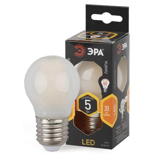 Лампа светодиодная филаментная ЭРА E27 5W 2700K матовая F-LED P45-5W-827-E27 frost