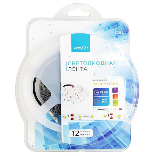 Светодиодная лента Apeyron 9,6W/m 120LED/m 3528SMD теплый белый 5M 32BL Светодиодная лента Apeyron 9,6W/m 120LED/m 3528SMD теплый белый 5M 32BL