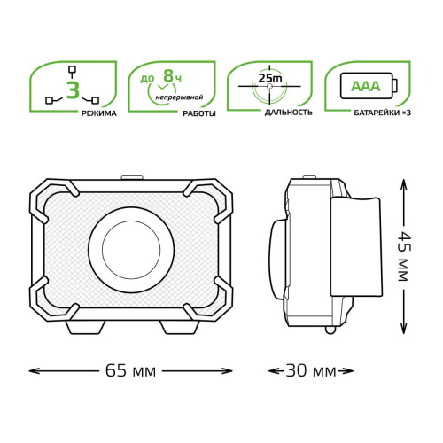Налобный светодиодный фонарь Gauss от батареек 65х45 150 лм GF305