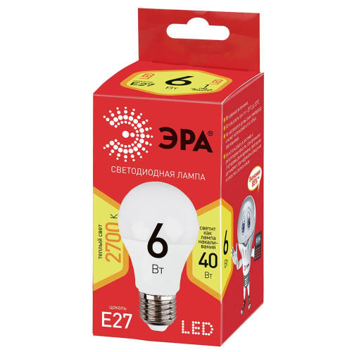 Лампа светодиодная ЭРА E27 6W 2700K матовая ECO LED A60-6W-827-E27 Б0019064