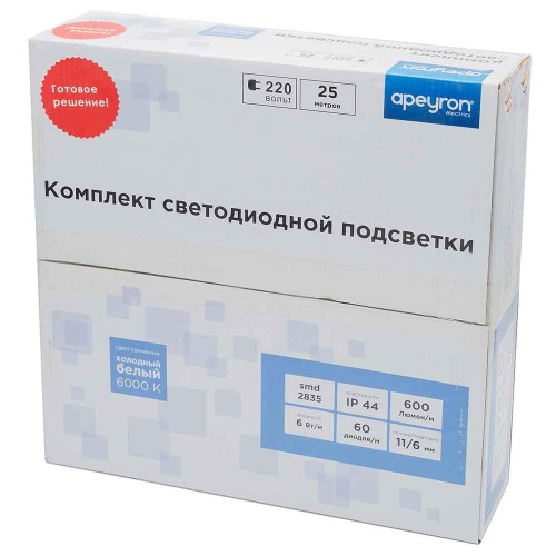 Светодиодная влагозащищенная лента Apeyron 6W/m 60LED/m 2835SMD холодный белый 25M 10-53 Светодиодная влагозащищенная лента Apeyron 6W/m 60LED/m 2835SMD холодный белый 25M 10-53