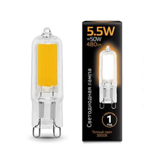 Лампа светодиодная Gauss G9 5.5W 3000K прозрачная 107809105 Лампа светодиодная Gauss G9 5.5W 3000K прозрачная 107809105