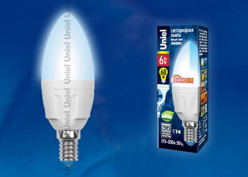 Лампа светодиодная Uniel E14 6W 4500K матовая LED-C37-6W/NW/E14/FR/DIM PLP01WH UL-00000689 Лампа светодиодная Uniel E14 6W 4500K матовая LED-C37-6W/NW/E14/FR/DIM PLP01WH UL-00000689