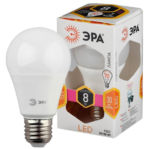 Лампа светодиодная ЭРА E27 8W 2700K матовая ECO LED A60-8W-827-E27