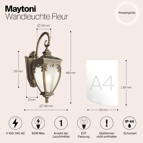 Уличный настенный светильник Maytoni Fleur O414WL-01GB Уличный настенный светильник Maytoni Fleur O414WL-01GB