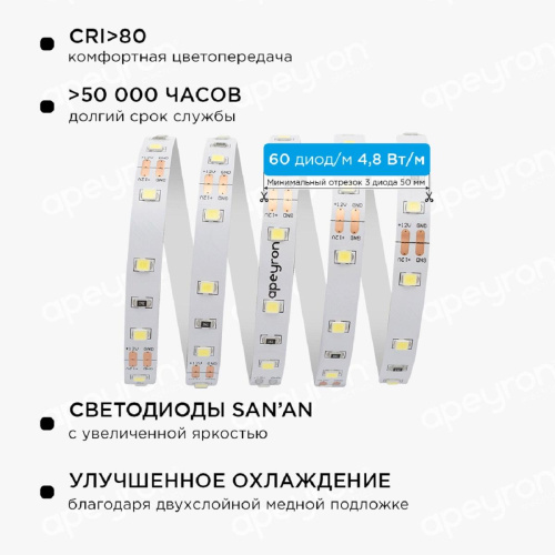 Светодиодная лента Apeyron 4,8W/m 60LED/m 3528SMD холодный белый 2,5M 10-07 Светодиодная лента Apeyron 4,8W/m 60LED/m 3528SMD холодный белый 2,5M 10-07