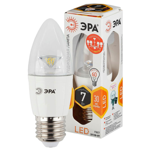 Лампа светодиодная ЭРА E27 7W 2700K прозрачная LED B35-7W-827-E27-Clear Б0019747