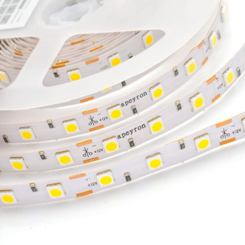 Светодиодная влагозащищенная лента Apeyron 14,4W/m 60LED/m 5050SMD теплый белый 5M 00-74 Светодиодная влагозащищенная лента Apeyron 14,4W/m 60LED/m 5050SMD теплый белый 5M 00-74