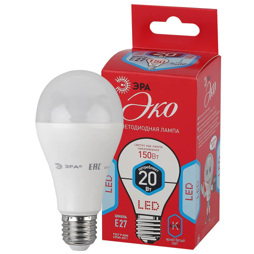 Лампа светодиодная ЭРА E27 20W 4000K матовая ECO LED A65-20W-840-E27 Б0031710