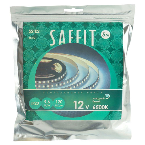 Светодиодная лента Saffit 9,6W/m 120LED/m 2835SMD холодный белый 5М SST02 55242 Светодиодная лента Saffit 9,6W/m 120LED/m 2835SMD холодный белый 5М SST02 55242