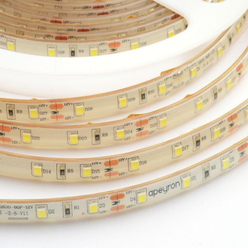Светодиодная влагозащищенная лента Apeyron 6W/m 60LED/m 2835SMD холодный белый 5M 00-126 Светодиодная влагозащищенная лента Apeyron 6W/m 60LED/m 2835SMD холодный белый 5M 00-126