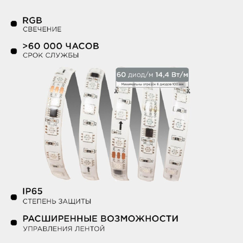 Комплект адресной светодиодной ленты Apeyron 24В 14,4Вт/м smd5050 5м 10-96 Комплект адресной светодиодной ленты Apeyron 24В 14,4Вт/м smd5050 5м 10-96
