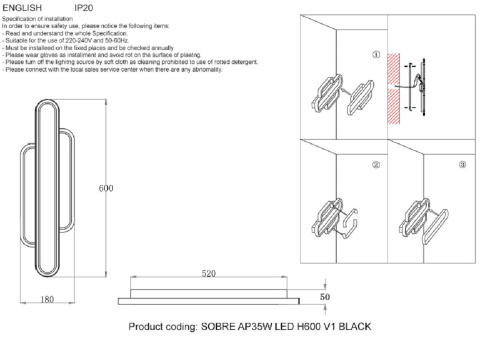 Бра Crystal Lux Sobre Ap35W Led H600 V1 Black Бра Crystal Lux Sobre Ap35W Led H600 V1 Black