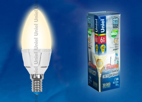 Лампа светодиодная диммируемая Uniel E14 6W 3000K матовая LED-C37-6W/WW/E14/FR/DIM PLP01WH UL-00000690 Лампа светодиодная диммируемая Uniel E14 6W 3000K матовая LED-C37-6W/WW/E14/FR/DIM PLP01WH UL-00000690