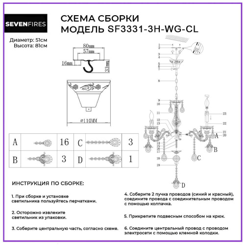 Подвесная люстра Seven Fires Evetta SF3331/3H-WG-CL Подвесная люстра Seven Fires Evetta SF3331/3H-WG-CL