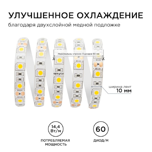 Светодиодная влагозащищенная лента Apeyron 14,4W/m 60LED/m 5050SMD теплый белый 5M 00-11 Светодиодная влагозащищенная лента Apeyron 14,4W/m 60LED/m 5050SMD теплый белый 5M 00-11