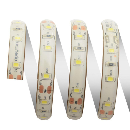 Светодиодная влагозащищенная лента Apeyron 6W/m 60LED/m 2835SMD холодный белый 5M 00-126 Светодиодная влагозащищенная лента Apeyron 6W/m 60LED/m 2835SMD холодный белый 5M 00-126
