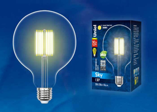 Лампа светодиодная филаментная (UL-00004860) Uniel E27 15W 3000K прозрачная LED-G125-15W/3000K/E27/CL PLS02WH Лампа светодиодная филаментная (UL-00004860) Uniel E27 15W 3000K прозрачная LED-G125-15W/3000K/E27/CL PLS02WH