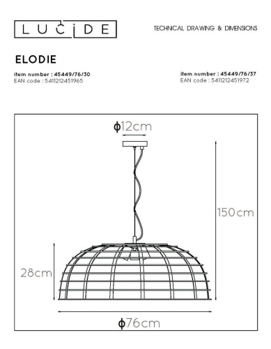 Подвесная люстра Lucide Elodie 45449/76/30 Подвесная люстра Lucide Elodie 45449/76/30