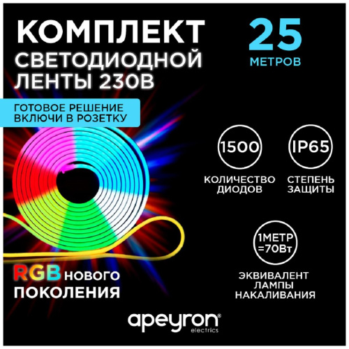 Светодиодная влагозащищенная лента Apeyron 12W/m 60LED/m 5050SMD разноцветная 25M 10-50 Светодиодная влагозащищенная лента Apeyron 12W/m 60LED/m 5050SMD разноцветная 25M 10-50