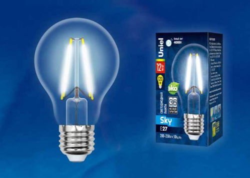Лампа светодиодная филаментная (UL-00004867) Uniel E27 12W 4000K прозрачная LED-A60-12W/4000K/E27/CL PLS02WH