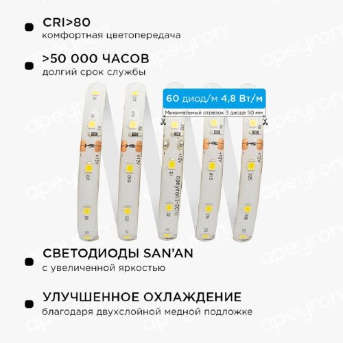 Светодиодная влагозащищенная лента Apeyron 4,8W/m 60LED/m 5050SMD теплый белый 2,5M 10-21 Светодиодная влагозащищенная лента Apeyron 4,8W/m 60LED/m 5050SMD теплый белый 2,5M 10-21