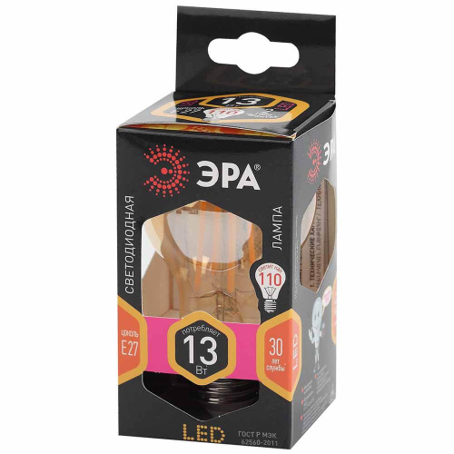 Лампа светодиодная филаментная ЭРА E27 13W 2700K золотая F-LED A60-13W-827-E27 gold