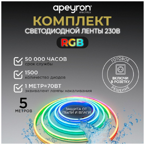 Светодиодная влагозащищенная лента Apeyron 12W/m 60LED/m 5050SMD разноцветная 15M 10-51 Светодиодная влагозащищенная лента Apeyron 12W/m 60LED/m 5050SMD разноцветная 15M 10-51