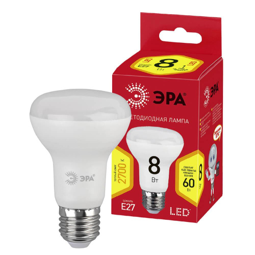 Лампа светодиодная ЭРА E27 8W 2700K матовая ECO LED R63-8W-827-E27 Б0019082