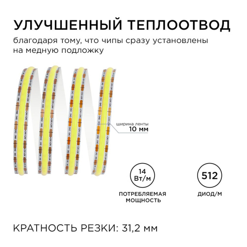 Светодиодная лента Apeyron 14W/m 512LED/m COB теплый белый 3M 198ОО Светодиодная лента Apeyron 14W/m 512LED/m COB теплый белый 3M 198ОО