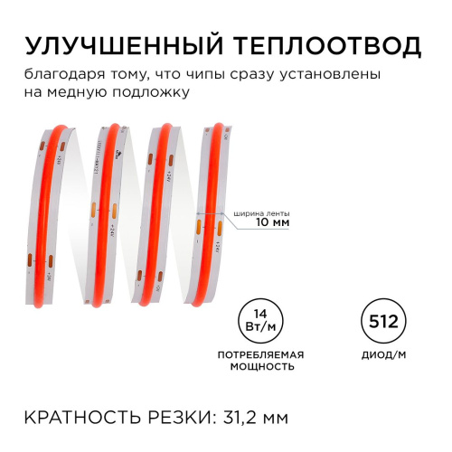 Светодиодная лента Apeyron 14W/m 512LED/m COB красный 2M 204ОО Светодиодная лента Apeyron 14W/m 512LED/m COB красный 2M 204ОО