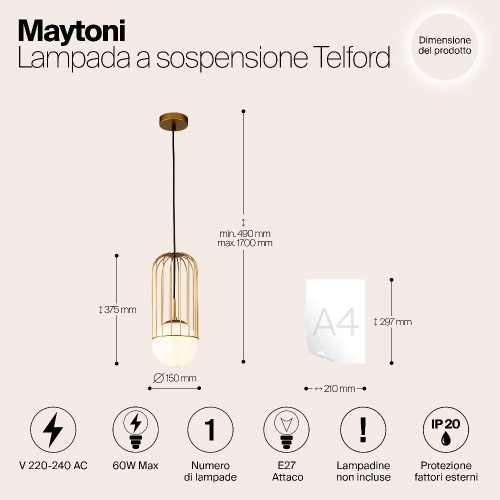 Подвесной светильник Maytoni Telford P362PL-01G