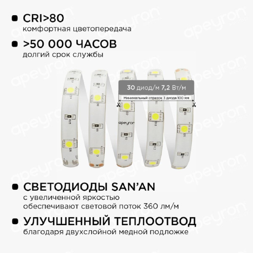 Светодиодная влагозащищенная лента Apeyron 7,2W/m 30LED/m 5050SMD холодный белый 5M 10-01 Светодиодная влагозащищенная лента Apeyron 7,2W/m 30LED/m 5050SMD холодный белый 5M 10-01