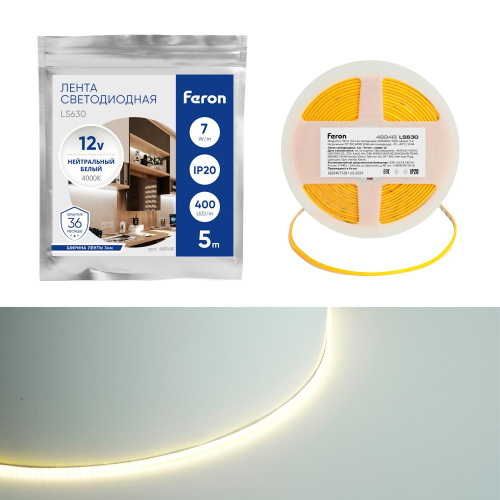 Светодиодная COB лента Feron LS630, 400SMD(2110)/ 7Вт/м 12V 5000*3*1.8мм 4000K, IP20 48948 Светодиодная COB лента Feron LS630, 400SMD(2110)/ 7Вт/м 12V 5000*3*1.8мм 4000K, IP20 48948