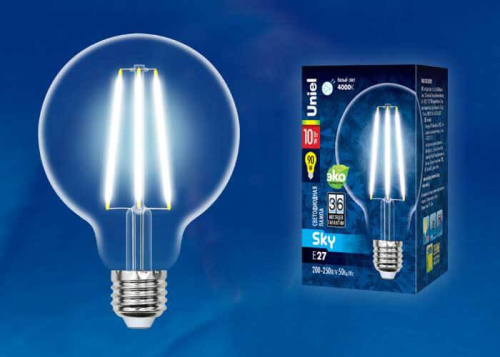Лампа светодиодная филаментная (UL-00004863) Uniel E27 10W 4000K прозрачная LED-G95-10W/4000K/E27/CL PLS02WH