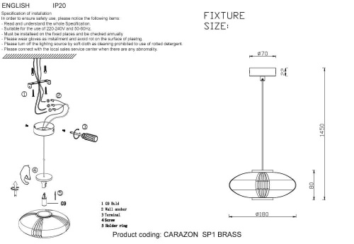 Подвесной светильник Crystal Lux Carazon  SP1 Brass