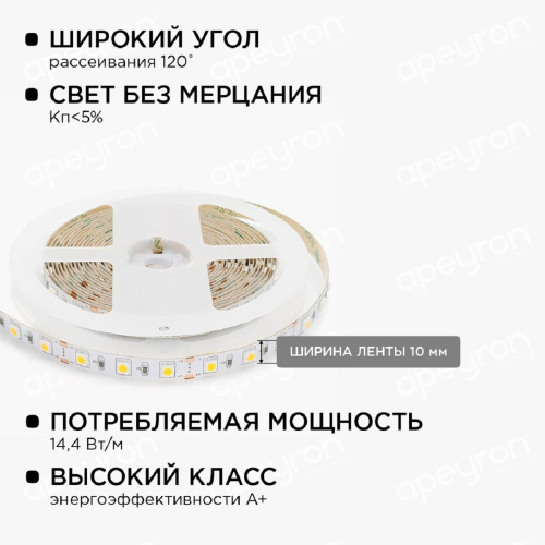 Светодиодная лента Apeyron 14,4W/m 60LED/m 5050SMD теплый белый 1M 10-68 Светодиодная лента Apeyron 14,4W/m 60LED/m 5050SMD теплый белый 1M 10-68