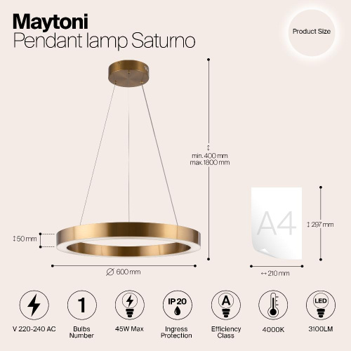 Подвесная светодиодная люстра Maytoni Saturno MOD415PL-L45BS4K Подвесная светодиодная люстра Maytoni Saturno MOD415PL-L45BS4K