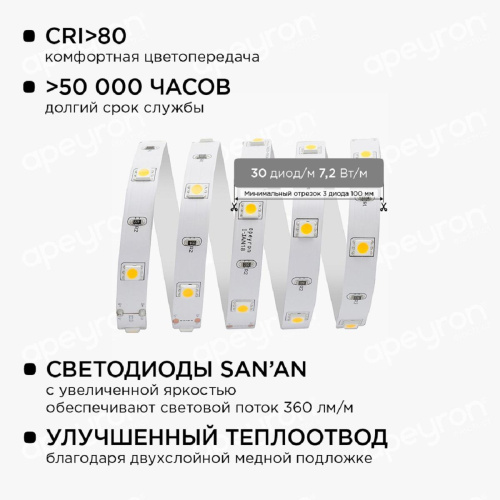 Светодиодная лента Apeyron 7,2W/m 30LED/m 5050SMD теплый белый 5M 10-41 Светодиодная лента Apeyron 7,2W/m 30LED/m 5050SMD теплый белый 5M 10-41
