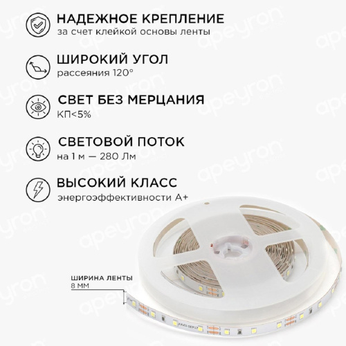 Светодиодная лента Apeyron 4,8W/m 60LED/m 3528SMD холодный белый 1M 10-65 Светодиодная лента Apeyron 4,8W/m 60LED/m 3528SMD холодный белый 1M 10-65