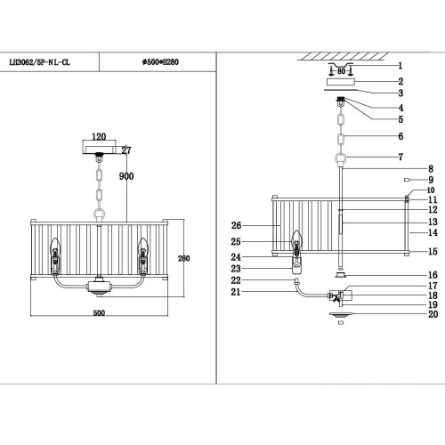 Подвесная люстра Lumien Hall Lenora LH3062/5P-NL-CL Подвесная люстра Lumien Hall Lenora LH3062/5P-NL-CL