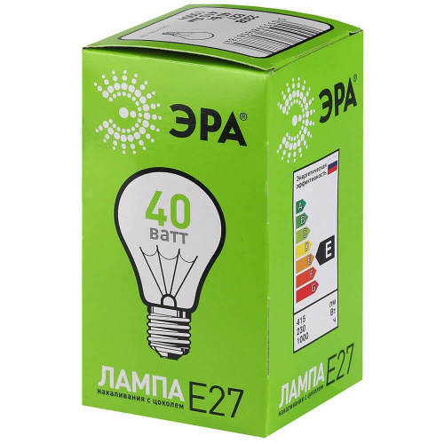Лампа накаливания ЭРА E27 40W 2700K прозрачная ЛОН А55/А50-40-230-E27-CL
