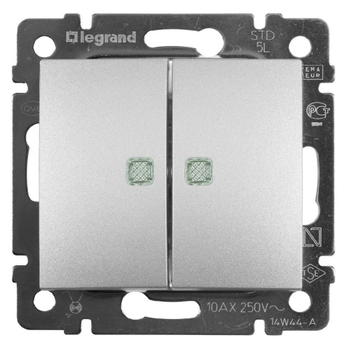 Переключатель двухклавишный Legrand Valena 10A 250V с подсветкой алюминий 770128