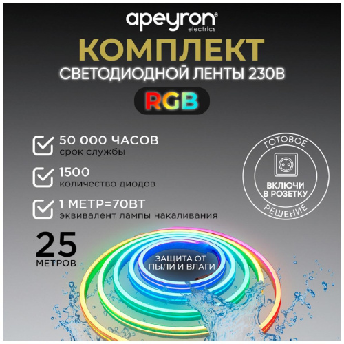 Светодиодная влагозащищенная лента Apeyron 12W/m 60LED/m 5050SMD разноцветная 25M 10-50 Светодиодная влагозащищенная лента Apeyron 12W/m 60LED/m 5050SMD разноцветная 25M 10-50