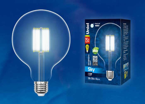 Лампа светодиодная филаментная (UL-00004861) Uniel E27 15W 4000K прозрачная LED-G125-15W/4000K/E27/CL PLS02WH