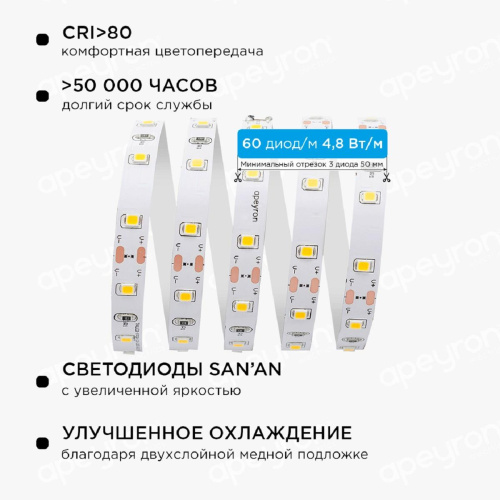 Светодиодная лента Apeyron 4,8W/m 60LED/m 5050SMD теплый белый 1M 10-66 Светодиодная лента Apeyron 4,8W/m 60LED/m 5050SMD теплый белый 1M 10-66