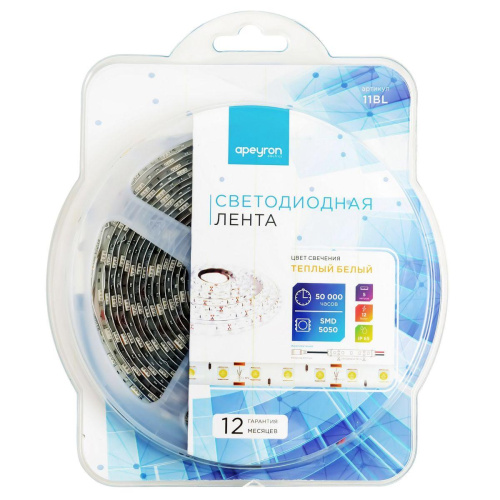 Светодиодная влагозащищенная лента Apeyron 14,4W/m 60LED/m 5050SMD теплый белый 5M 11BL Светодиодная влагозащищенная лента Apeyron 14,4W/m 60LED/m 5050SMD теплый белый 5M 11BL
