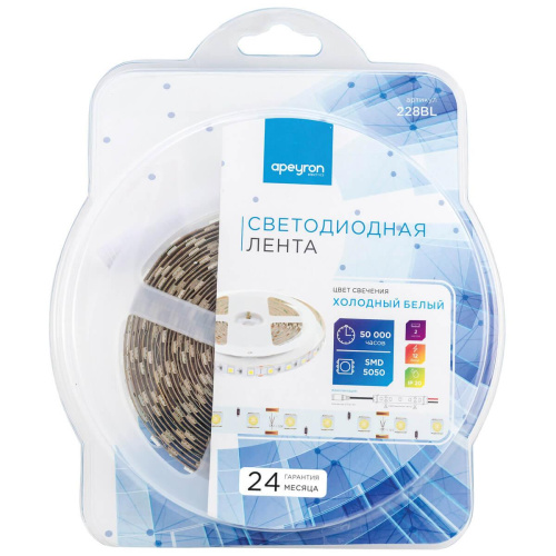 Светодиодная лента Apeyron 14,4W/m 60Led/m 5050SMD холодный белый 2M 228BL Светодиодная лента Apeyron 14,4W/m 60Led/m 5050SMD холодный белый 2M 228BL